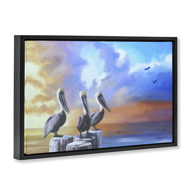 «Vivid Pelican Trio» par D. Rust, Cadre flottant noir de jais, H 21 po x l 31 po