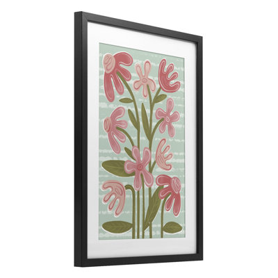 «Pink Whimsy Midcentury Flowers», reproduction encadrée sous verre, design par Martina Pavlova