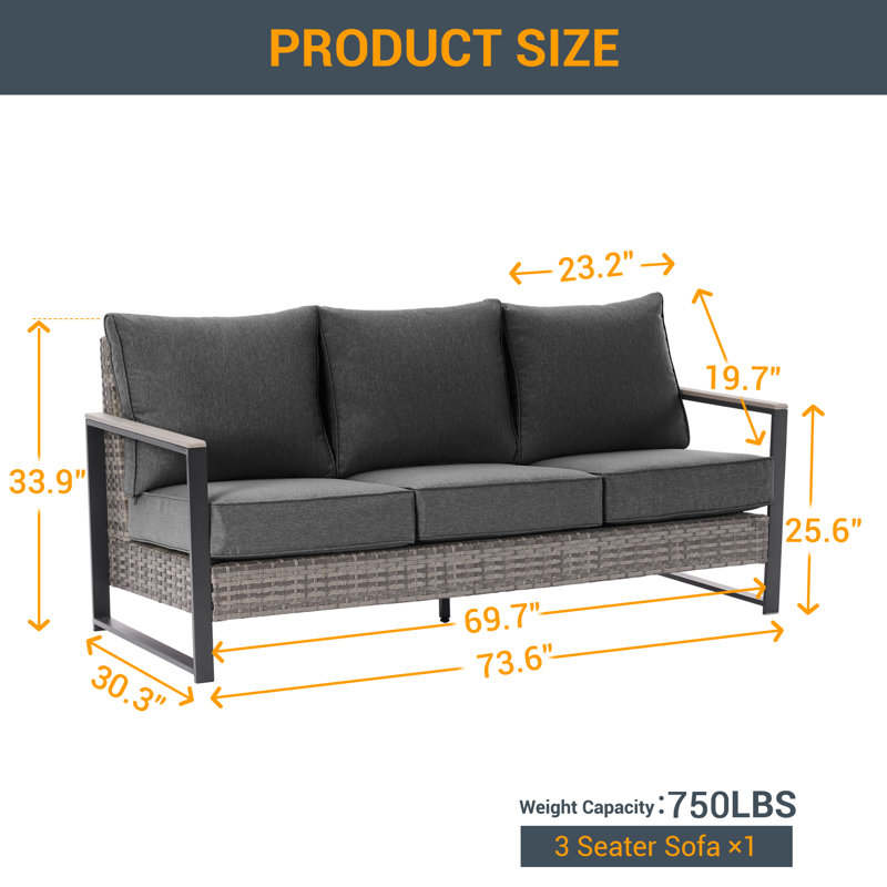 3-Person Outdoor Sofa with Cushions, All-Weather Wicker Frame, Modern Patio Seating Sofa, Black