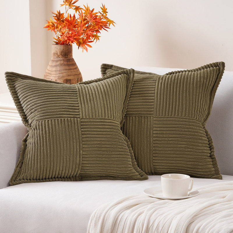 Housse de coussin carré en velours côtelé, H 18 po x l 18 po, Vert olive