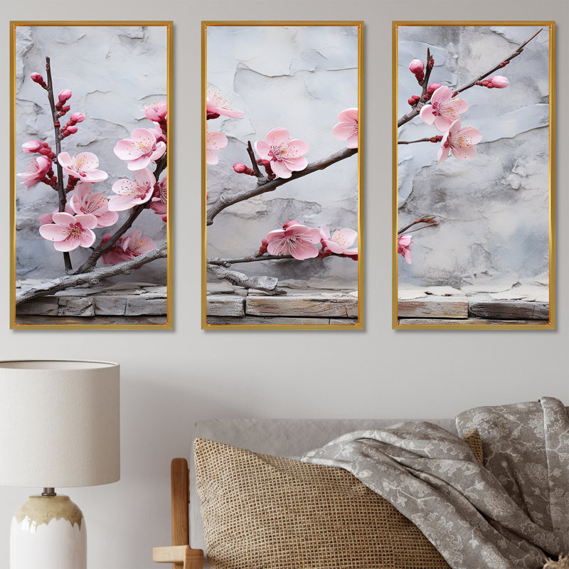 Fleurs de cerisier rose fin de l'hiver - art mural cerisier en fleurs, H 28 po x l 36 po, Cadre flottant doré