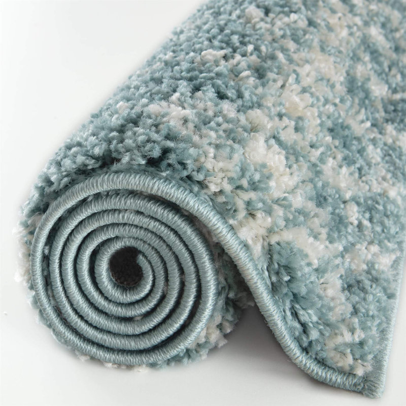 Moroccan Shaggy Collection Rugs Tangier Design in Duck Egg Blue/Ivory, Rectangle 60 x 110cm