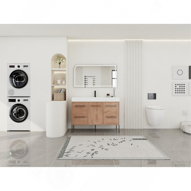 Meuble-lavabo autoportant 48 po avec lavabo en résine blanche et porte d'armoire à fermeture douce et 4 tiroirs