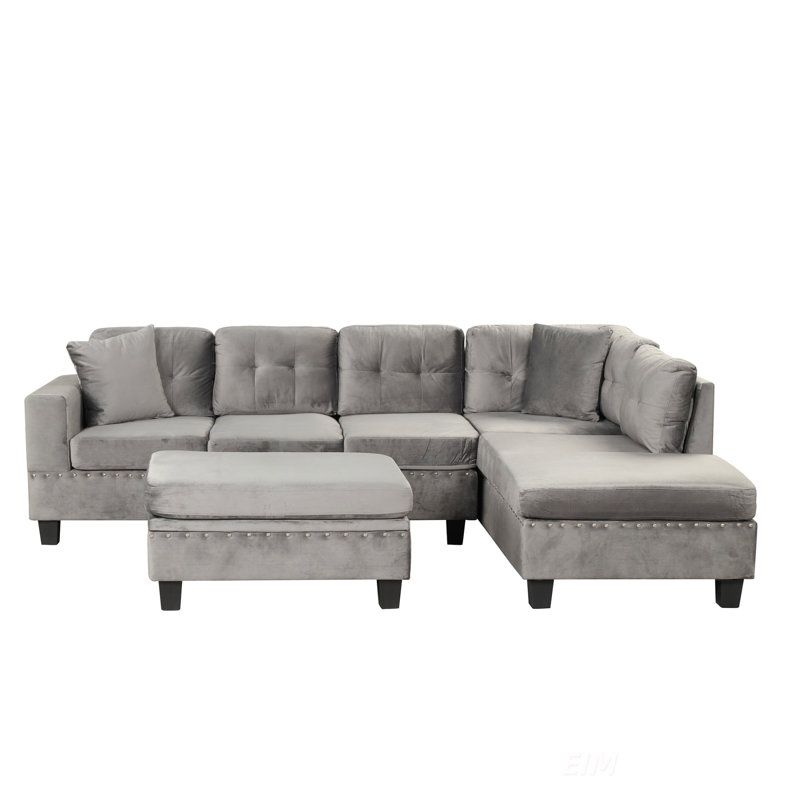 Canapé modulaire moderne en L avec repose-pieds de rangement et méridienne réversible, comprenant 2 coussins et porte-gobelets pour le salon, gris