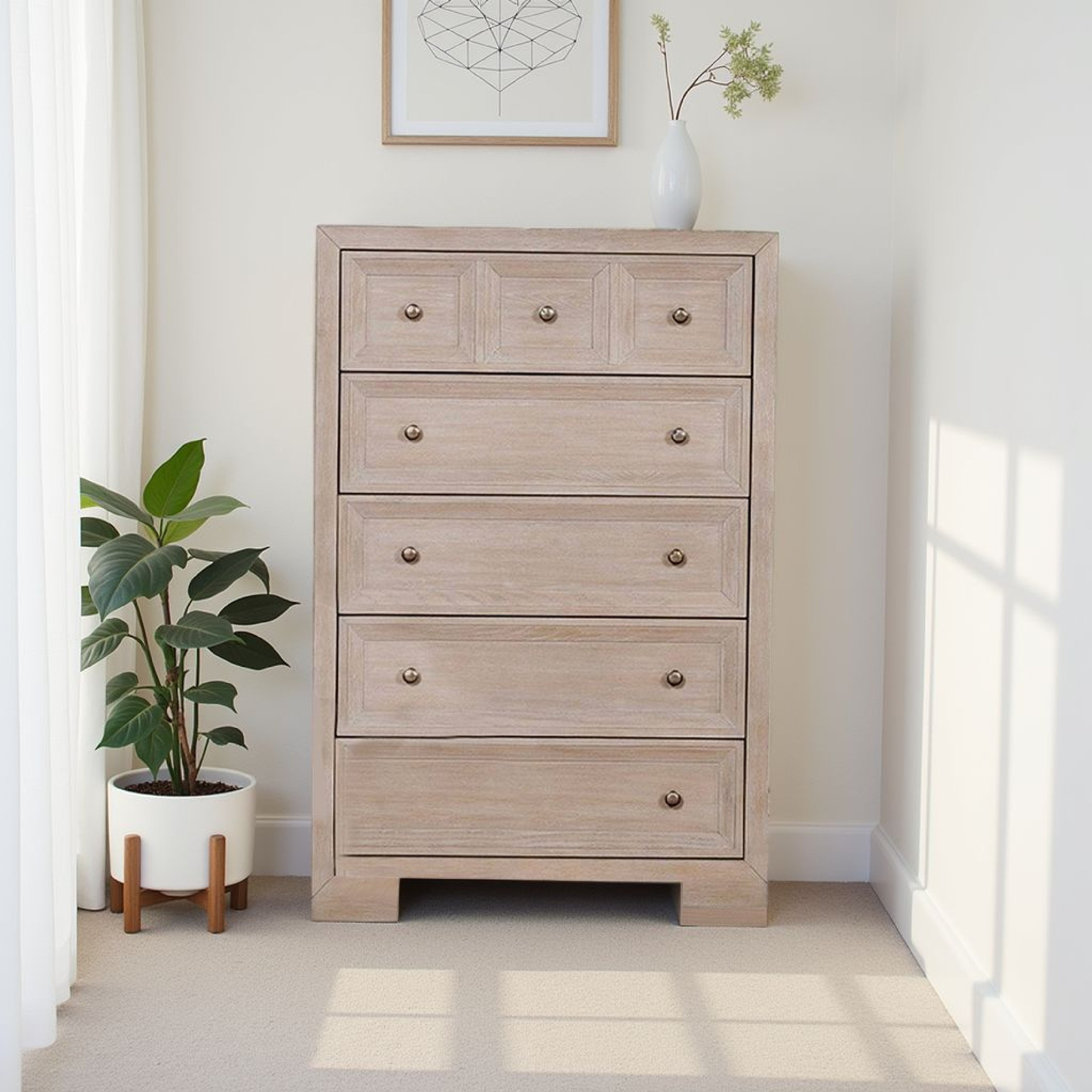 Leva Tall Dresser Chest, Distressed White Acacia Wood, 5 Drawers main image 0