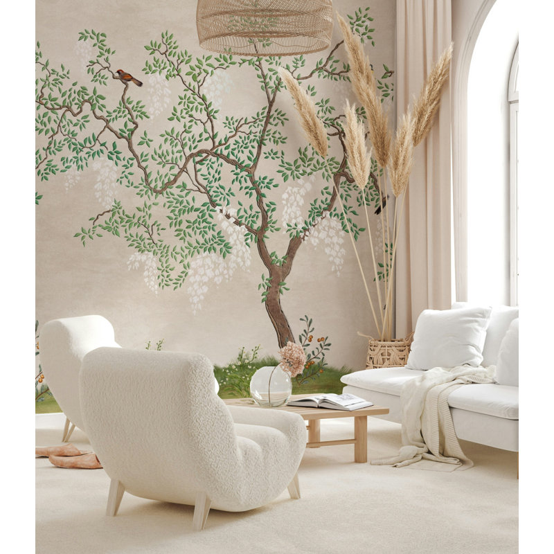 Papier peint beige Wisteria Tree Birds, L 106 po x l 187 po
