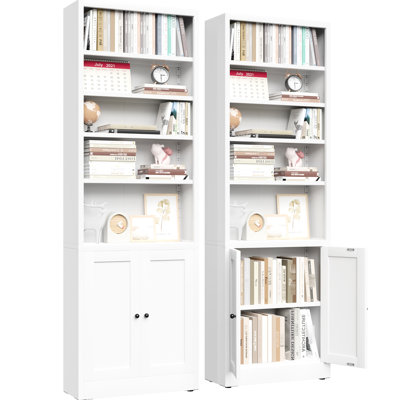 Bibliothèque à 5 niveaux en métal blanc industriel, haute avec porte et tablettes réglables pour porte de bibliothèque de salon