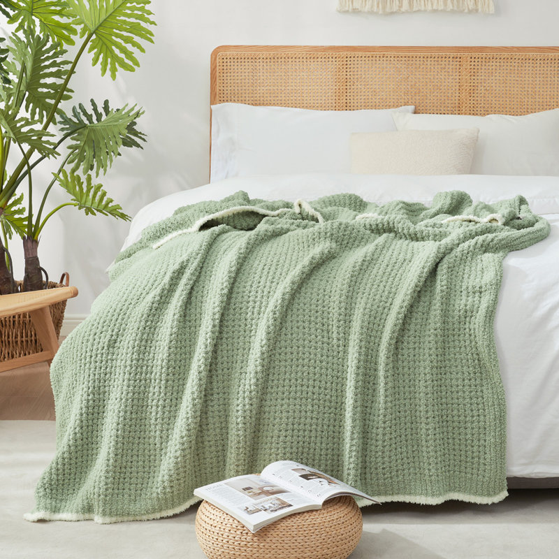 Jeté réversible en tricot gaufré pour lit de bébé, L 60 po x l 50 po, Vert sauge