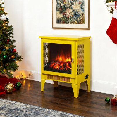 18" Electric Fireplace, Freestanding Fireplace Heater With Realistic Flame & Log, Overheat Protection, 700w/1400w, Yellow