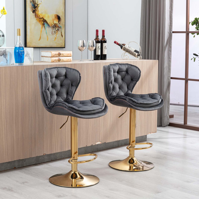 Ensemble de 2 tabourets de bar, avec repose-pieds chromé et base pivotante en velours à hauteur réglable et tabouret de bar simple Golden Leg