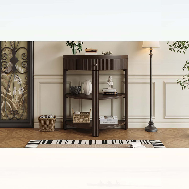 Console cannelée demi-lune avec tiroir et 2 tablettes, conception peu encombrante pour les entrées et les couloirs, Espresso