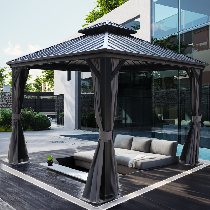 Kozyard Gray Double Roof Hardtop Gazebo with Curtain and Mosquito Netting, 10 (ft) x 10 (ft)