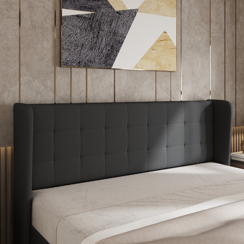 Upholstered Bed with Square Tufting and Wingback, Dark Gray, King