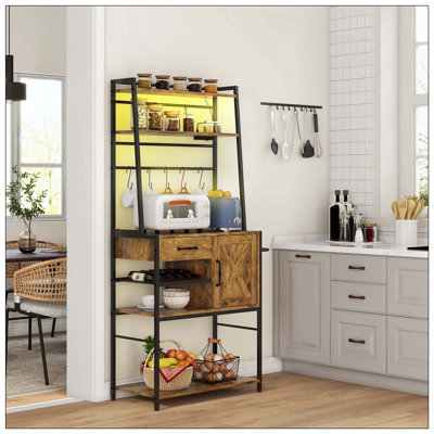 Étagère de boulanger avec prise de courant et lumières DEL, bar à café avec tablettes de rangement, support à micro-ondes industriel avec porte-bouteilles de vin, tiroir, armoire de porte de grange