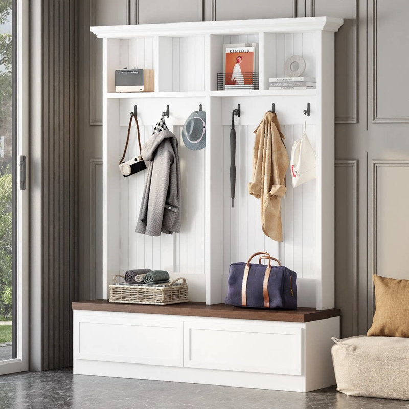 Arvelune Farmhouse 4-in-1 Hall Tree with Wood Grain Bench & 2 Large Drawers | Mudroom Coat Rack with 6 Hooks & Open Storage | Entryway Organizer for Hallway, Living Room, or Mudroom