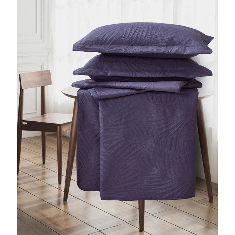 3 Piece Tropical Leaf Bedspreads Set Quilted Bed Throw with Matching Pillow Shams Polyester Material, Aubergine