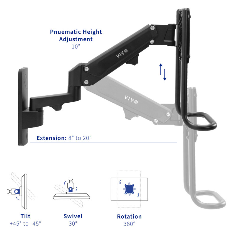 Black Aluminum Dual Monitor Pneumatic Arm Wall Mount
