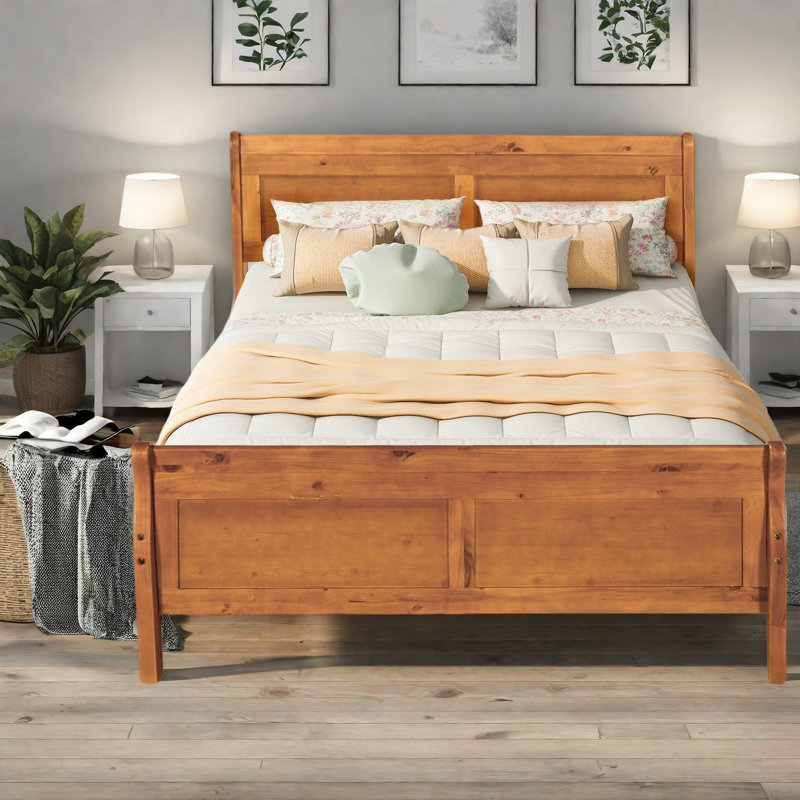 Lit plateforme en bois massif, finition chêne, charme rustique, chambre à coucher