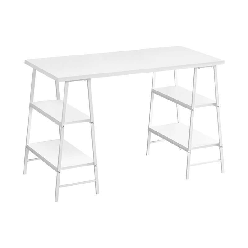 Bureau d'ordinateur 47,3 po en métal, 1 pièce, bureau avec tablettes, blanc, avec 4 tablettes ouvertes et pieds de style chevalet