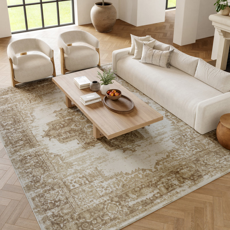 Burnie Oriental Ivory/Beige Area Rug, Rectangle 7' x 10'