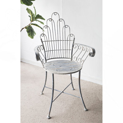 23x22x38" Distressed Silver Finish Iron Accent Chair, French Country Armchair, Outdoor Garden Seating