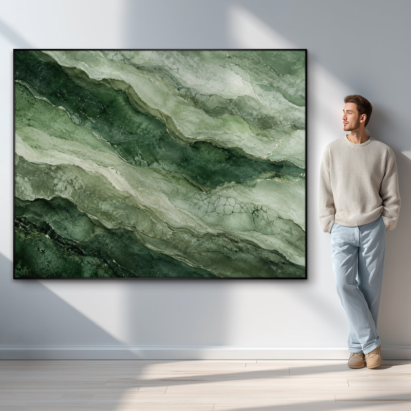 Très grand art mural imprimé sur tissu - Vague de marbre vert abstrait, décor de chambre à coucher contemporain - "Assemblage requis (cadre non fini)"