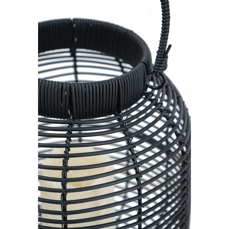 8.7X8.7X11.8" Black Poly Rattan Lantern With White LED Candle, Black