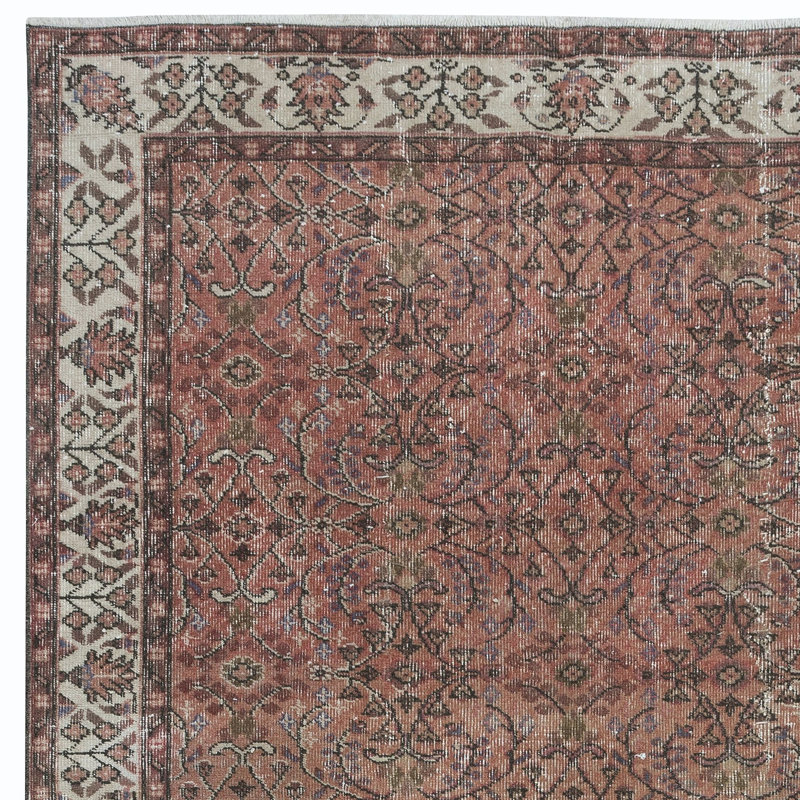Tapis turc rétro rouge et beige à motif floral noué à la main