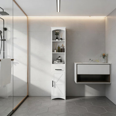 Grande armoire de rangement pour salle de bain, armoire de rangement pour salle de bain étroite avec tiroir encastré et porte de grange Farmhouse