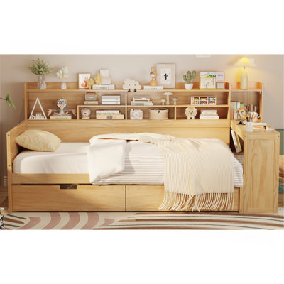 Wooden Daybed with Storage Shelves, Multi-functional Bed