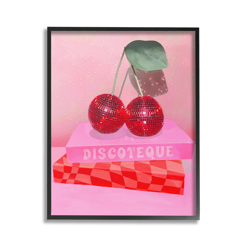 Cerise sur une pile de livres, H 30 po x l 24 po, Giclée encadrée noir minuit