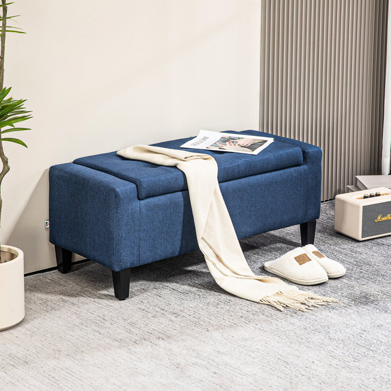 Banc de rangement bleu foncé By, revêtement en lin recouvert de boutons, chambre à coucher polyvalente et repose-pieds en lin, plateau pour la maison et les espaces intérieurs, solution de repos fonctionnelle