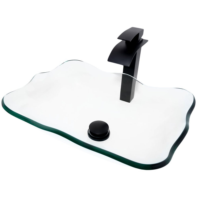 Lavabo de salle de bain vasque en verre transparent avec robinet, Noir mat