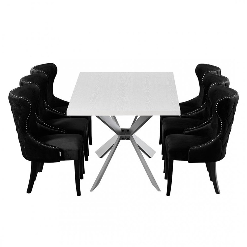 Devries 6 Person Dining set - a Rectangular Wooden Dining Table with Metal Legs and a Set of 6 Quilted Velvet Dining Chairs for Dining Room - Modern Dining Table Set