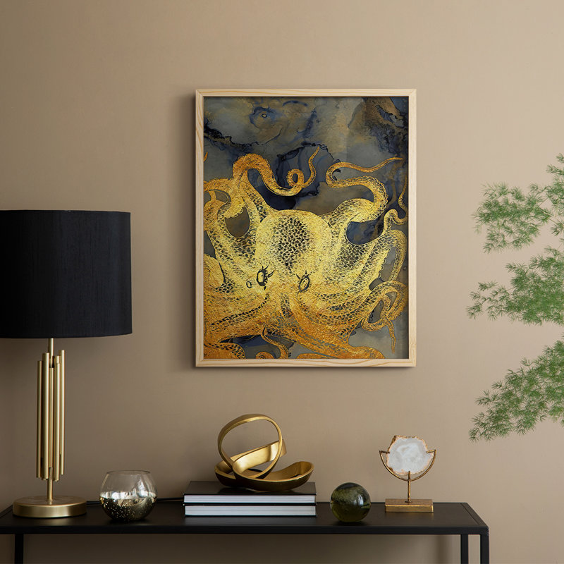 Encre de pieuvre dorée et bleue II, reproduction encadrée - bois massif, H 21 po x l 17 po