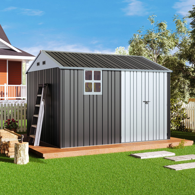 AMERLIFE Outdoor Storage Shed, Lockable Double Hinged Doors, 4 Vents, Backyard, Black/White, 10 Ft. x 8 Ft.
