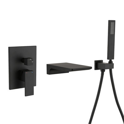 Matte Black Wall Mounted Bathroom Bathtub Faucet Shower Featuring Handheld With 59" Hose, Flat Waterfall Spout, And - Balanced Valve For Safe Use In M