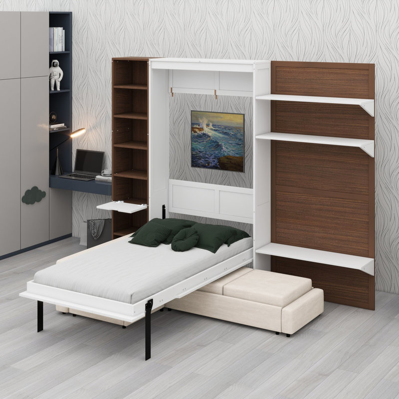 Le lit escamotable avec façade canapé et rangement intégrés optimise l'espace dans les chambres d'hôtes et les studios.