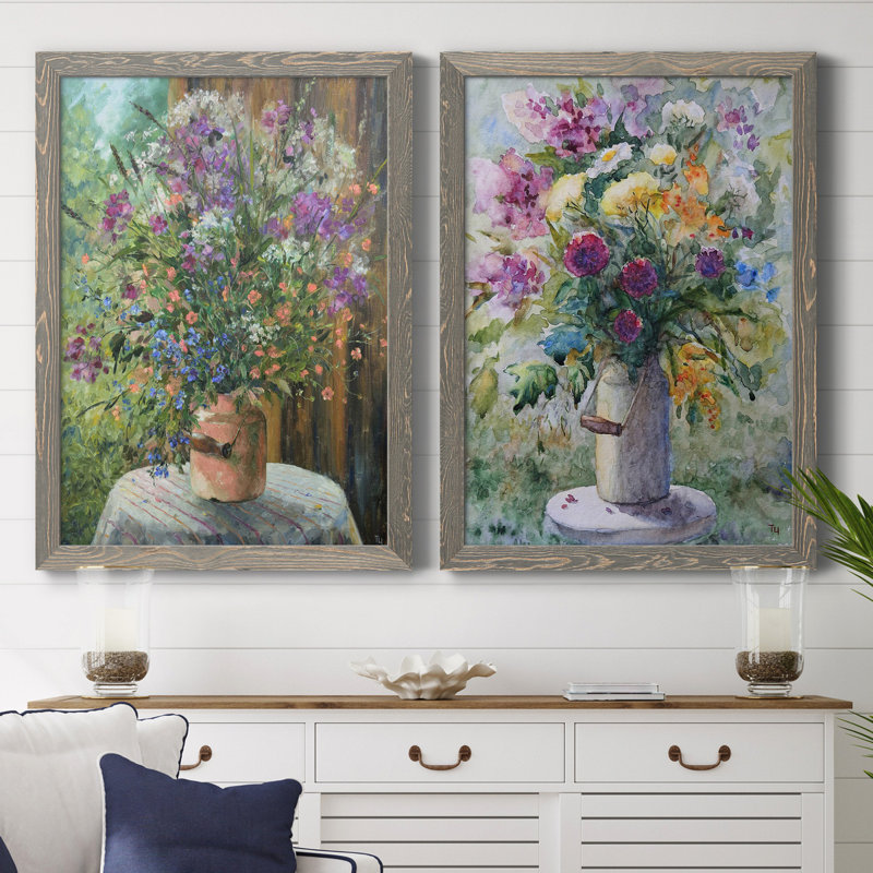 Farmhouse Bouquet - ensemble de 2 reproductions d'art, H 44 po x l 31 po x P 1 po, Toile avec cadre gris, Pas de tapis