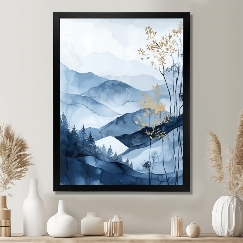 Horizon de montagnes bleu or, aquarelle Paysage II - Tableau de montagnes encadré, H 44 po x l 34 po, Cadre photo noir