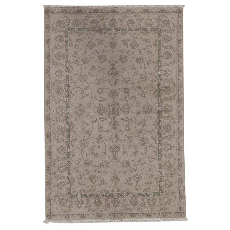 Tapis brun / beige en laine noué à la main de qualité supérieure 8 pi 9 po x 5 pi 9 po One-of-a-Kind