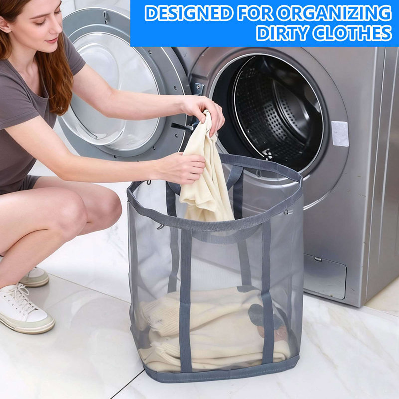 2 Pcs Laundry Hamper Bag with Handles,Portable & Collapsible Dirty Clothes Mesh Basket Foldable for Washing Storage, Kids Room,Dorm or Travel (Black)