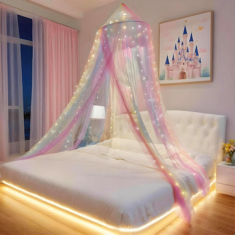 Princess Rainbow Bed Canopy with 250pcs Warm White Curtain Lights, Bed Canopy