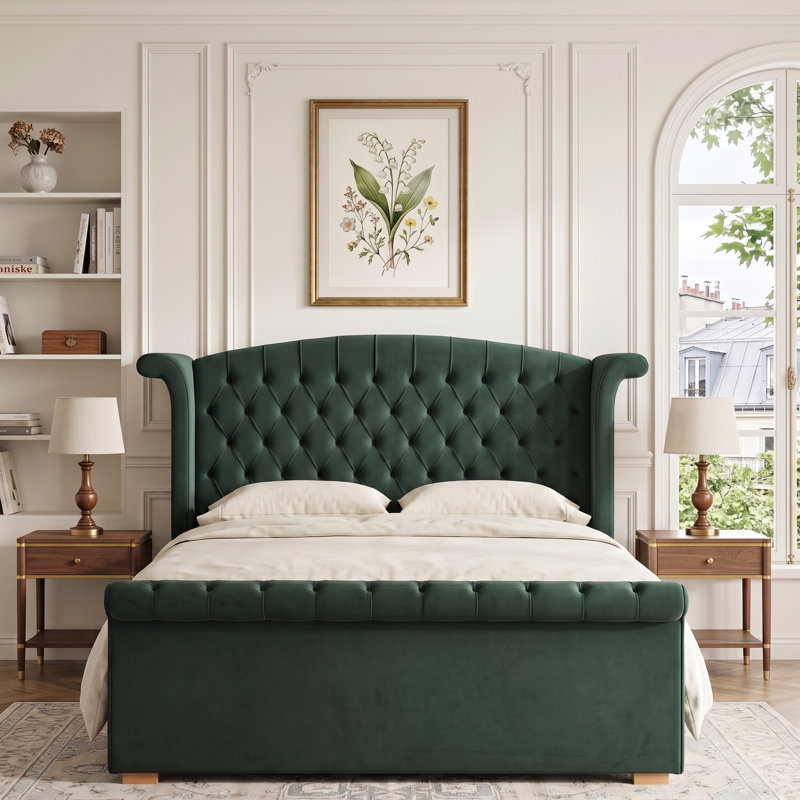 Lit-bateau tapissier à oreilles avec 2 tiroirs de rangement, grand lit, velours vert, Grand, Vert