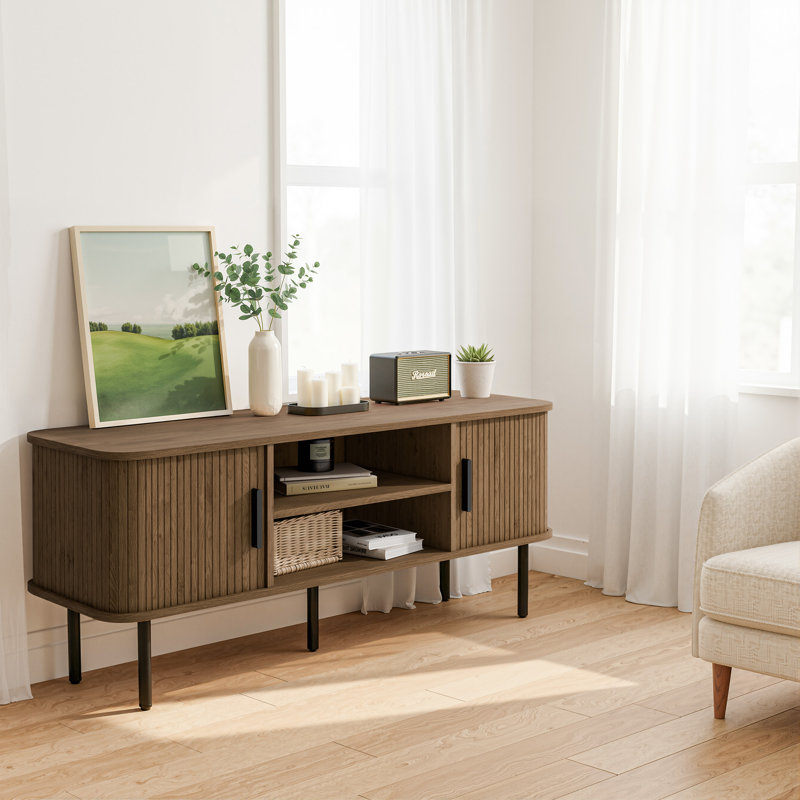 Meuble télé Mid-Century, meuble télé Tambour avec armoire de rangement et tablette pour téléviseur de 60 po, brun noyer, Brun