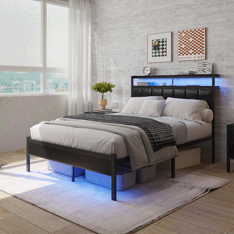 Queen Size Bed Frame with Charging Station and LED Lights, Black Upholstered Headboard with 2-Tier Storage Shelves, Metal Bed Frame with Headboard, No Box Spring Needed, Easy Assembly, Black