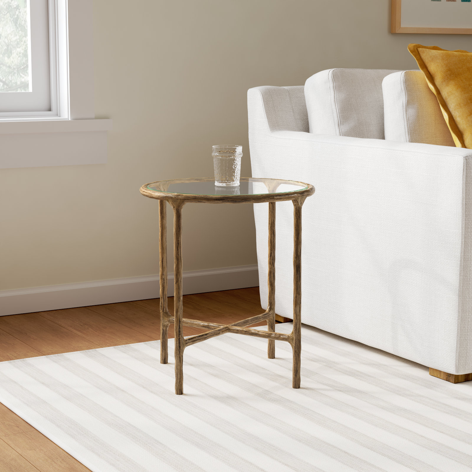 Evelynn Glass Cross Legs End Table, Brass, Clear