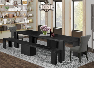 Ensemble de table de salle à manger 5 pièces comprenant une table rectangulaire, 2 bancs en bois et 2 chaises en tissu gris foncé Gotham, noir brossé