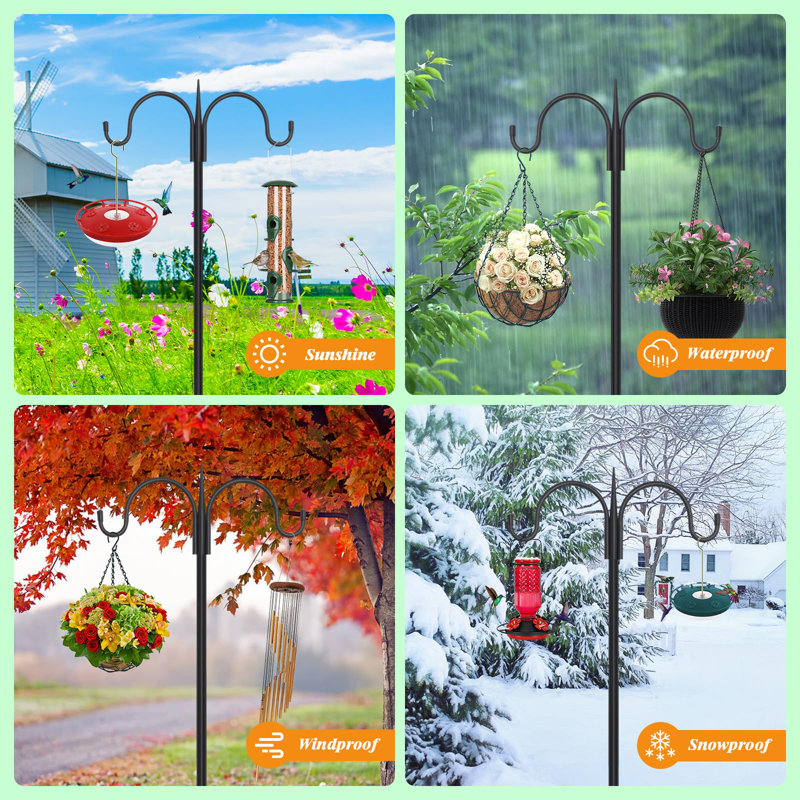Adjustable Double Shepherds Hook For Outdoor With 5 Prong Base 76 Inch Heavy Duty Two Sided Bird Feeder Pole, Solar Light Lanterns, Wind Chimes 2 Pack