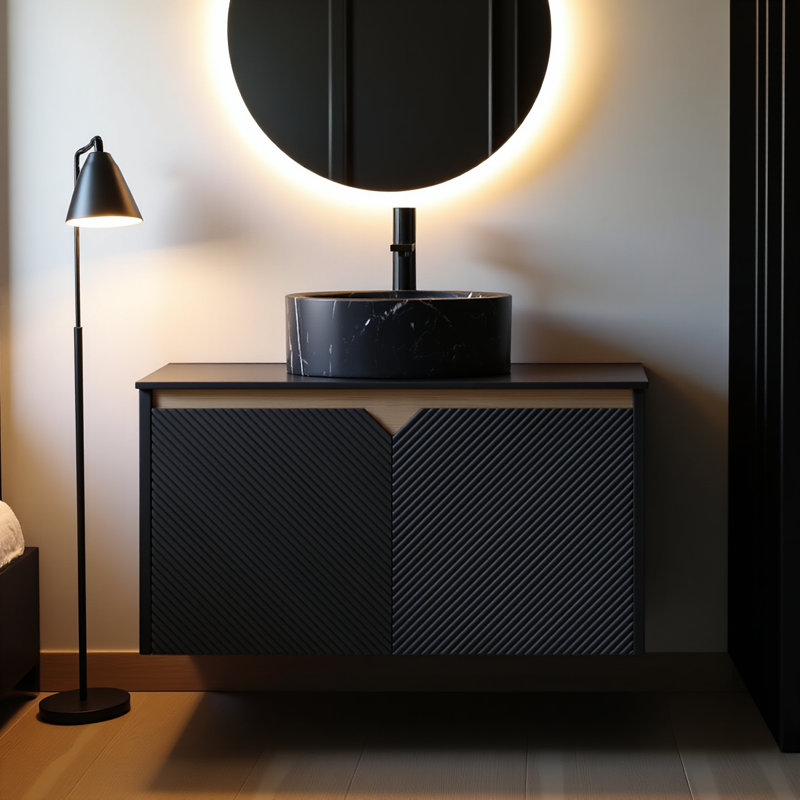 Meuble-lavabo de 30 po avec lavabo, armoire de rangement murale en contreplaqué flottant, portes doubles en sergé avec garniture en métal, vasque ronde en céramique noire avec motif en pierre et plateau en pierre frittée noire, noir